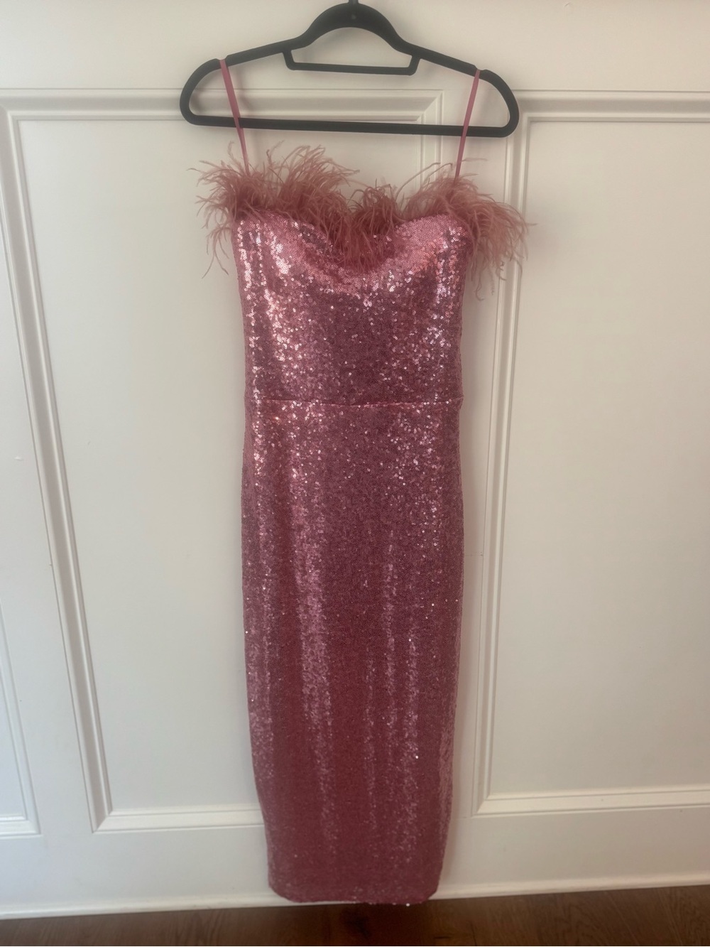 Windsor Rose Pink Sequin Feather-Trim Midi Dress